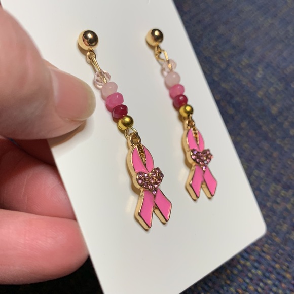 New Handcrafted Pink Awareness Drop Dangle Beaded Dangle Hope Post Stud Earrings - Picture 4 of 7